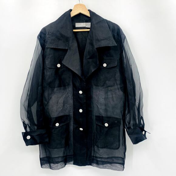 Vintage Jackets & Blazers - Liz Claiborne Black Sheer Rhinestone Button Shacket